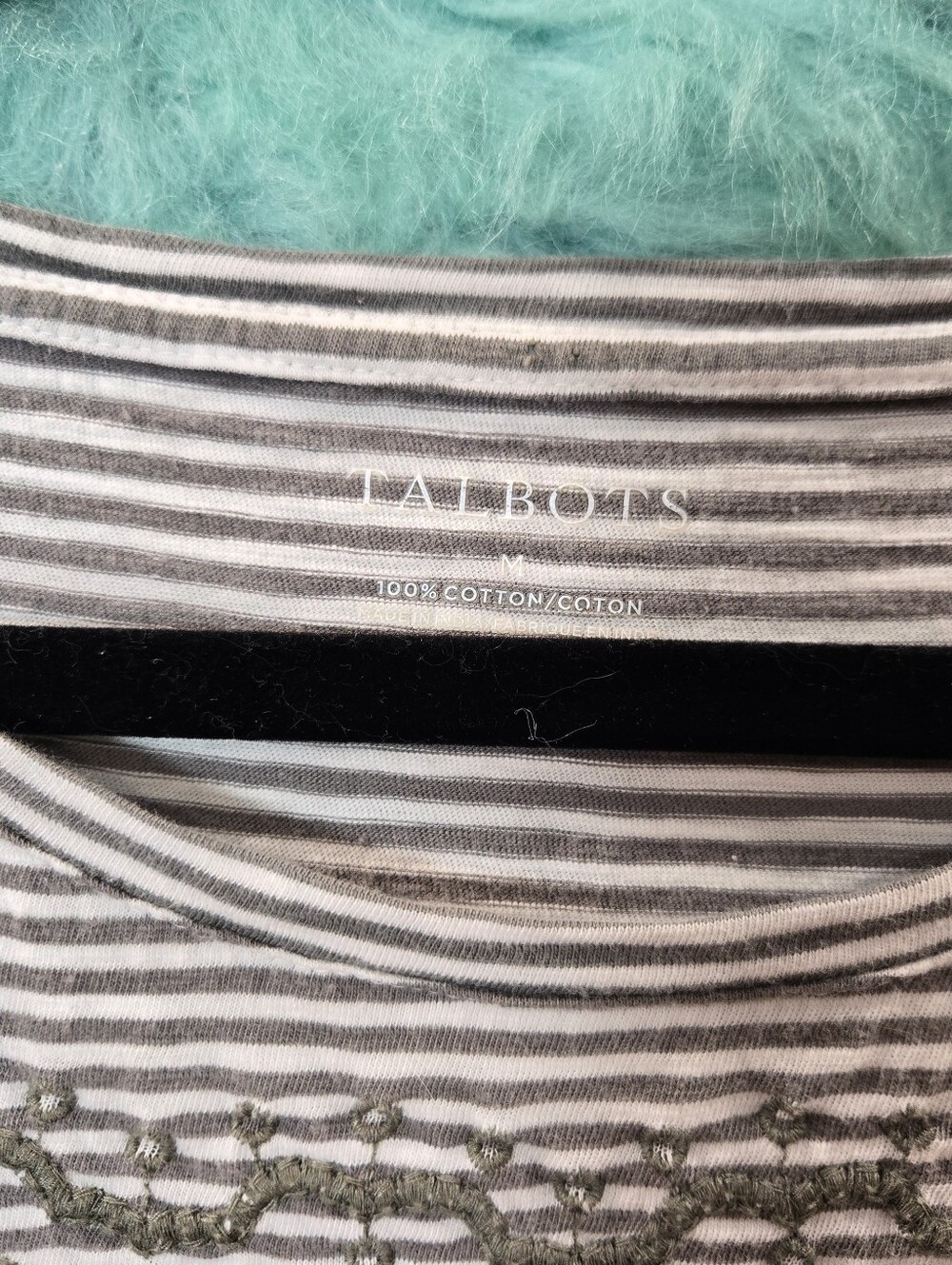 Talbots Gray And Green Striped Crew Neck  Embroidered  Short Sleeve Top Size M - Picture 6 of 6